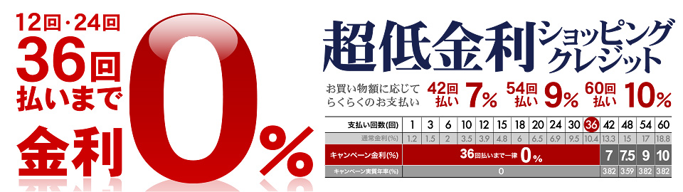 ショッピングクレジット36回払いまで金利0円