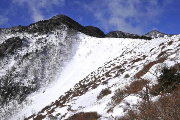 中央やや左の三角形の山が頂上