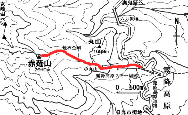 赤の実線が歩いたコースです